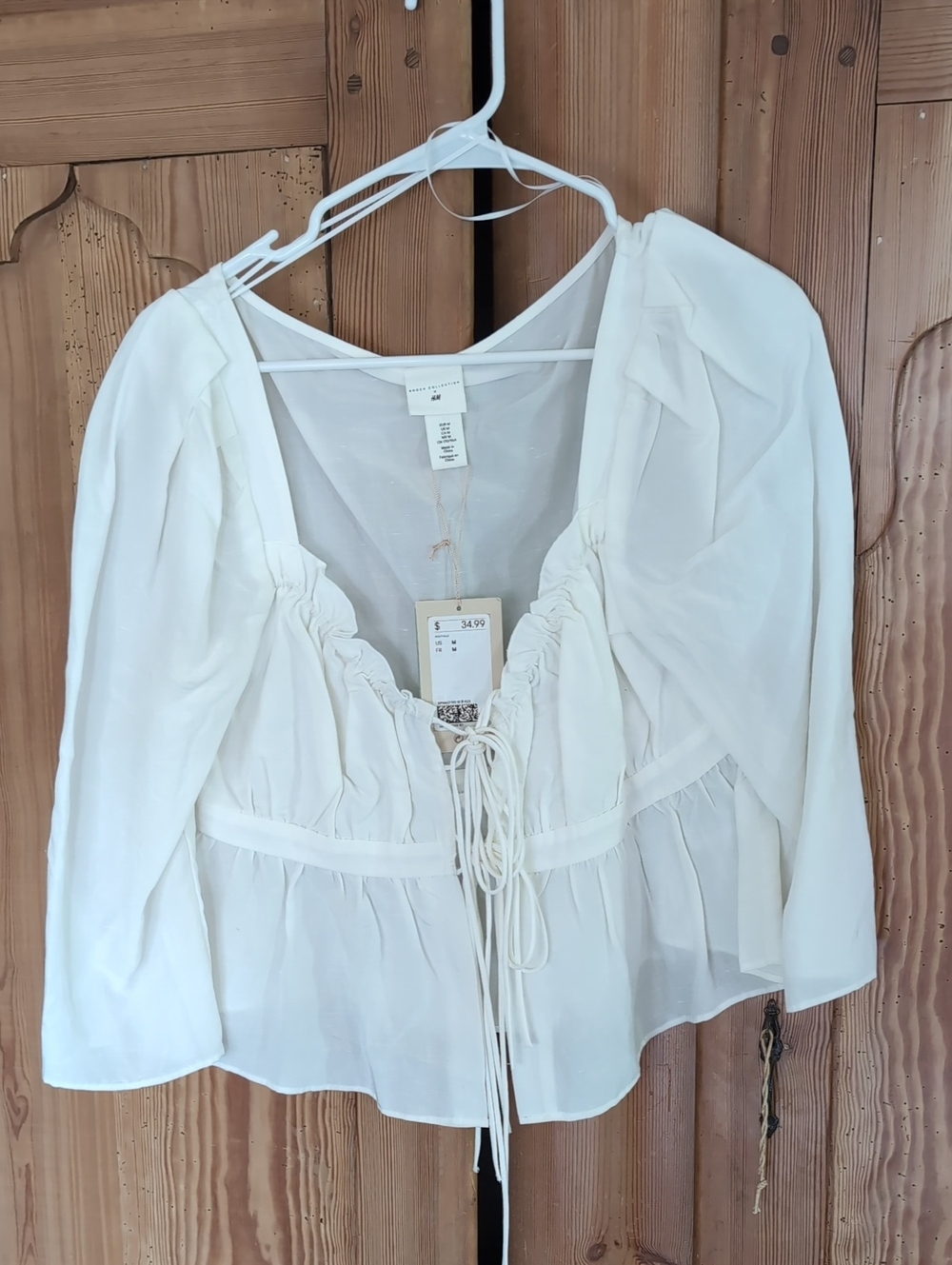 H&M Cream Ruched Tie-Front Peasant Blouse